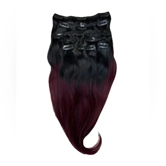 16 Inch Human Hair Clip in Black & Red Balayage Extensions - Picture 2 of 5